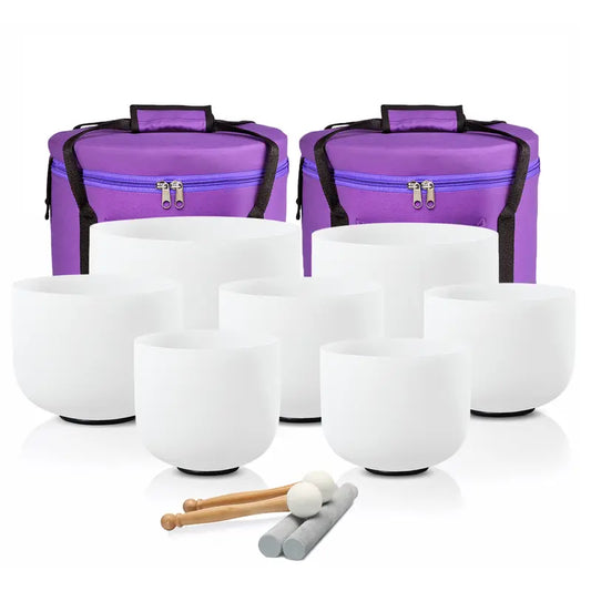 432HZ 6-12 Inch Set of 7 PCS Frosted Quartz Crystal Singing Bowls (Free 2 PCS Travel Carry Case Bag)
